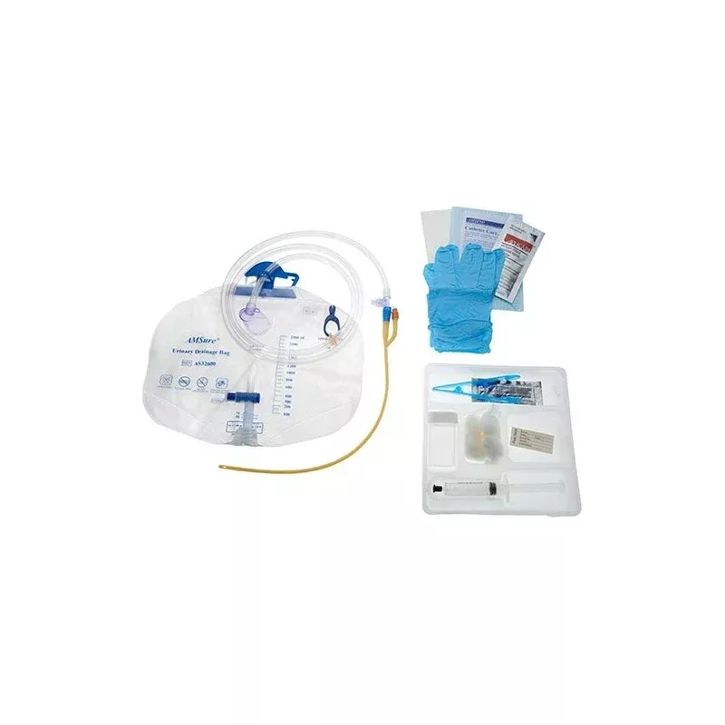 Amsure Foley Tray Bag, Preconn 100% Silicone 18fr, 05cc, 2000ml Bag, 10cc Syringe, Nitrile Gloves, Sterile- 1 Each