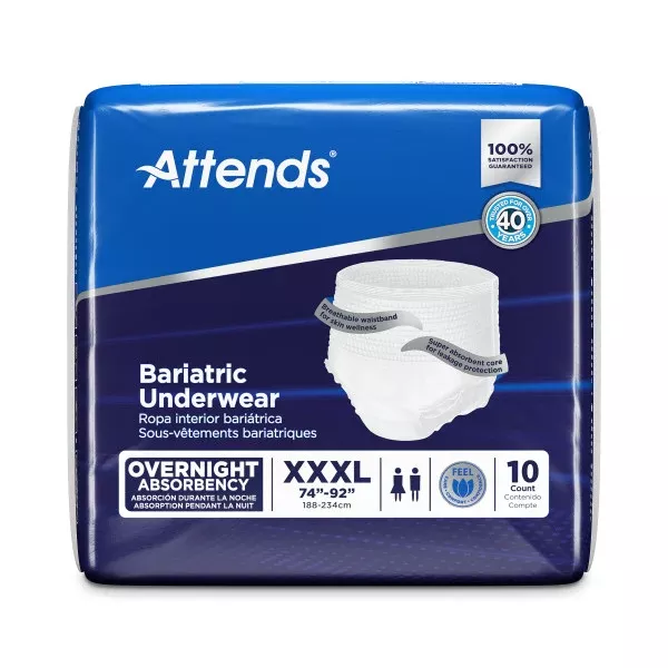 Attends Bariatric Underwear, Overnight Absorbency, XXX-Large, 74"- 92"- Package of 10
