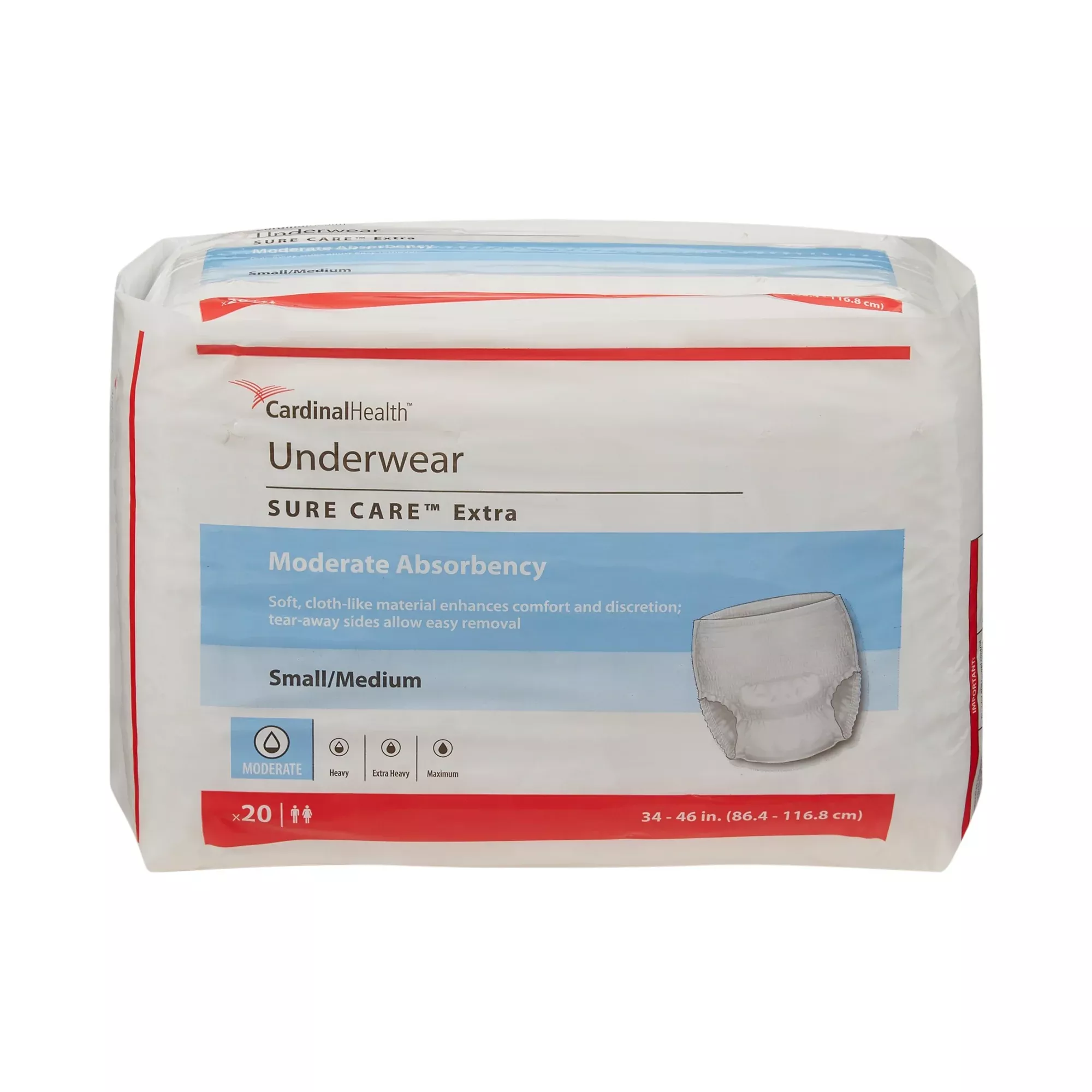 Cardinal Health, Underwear, Sure Care Extra, Small/medium, 34" - 46"- Package of 20