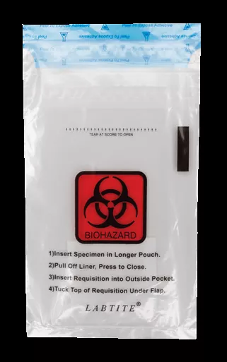 LabTite Standard Biohazard Specimen Bag – 3-Wall Transport with Adhesive Seal, Tear-Line & Document Pouch