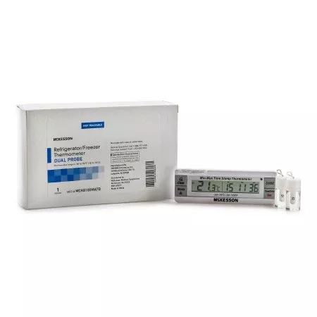 McKesson Digital Refrigerator / Freezer Thermometer with Alarm McKesson Fahrenheit / Celsius -58Â° to +158Â°F (-50Â° to +70Â°C) Glycol Bottle Probe Multiple Mounting Options Battery Operated - Each - MCK821RFV-EA