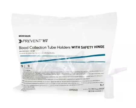 McKesson Needle Holder with Safety Shield McKesson Prevent HT Universal Fit, Clear, Non-Stackable, Multi-Sample, With Safety Hinge 13 mm and 16 mm Blood Collection Tubes - Bag of 25 - 16-BCTHLDRSF-BG