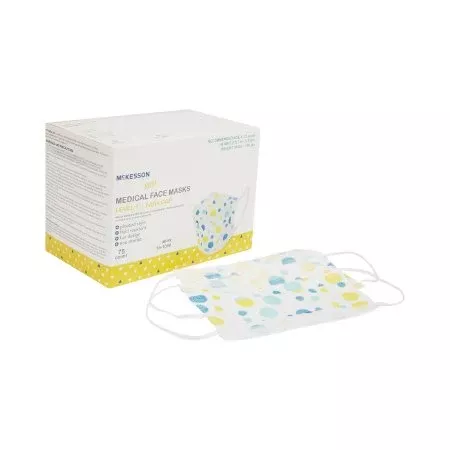 McKesson Procedure Mask McKesson Pleated Earloops Child Size Kid Design (Blue and Yellow Polka Dot) NonSterile ASTM Level 1 Pediatric - Box of 75 - 16-1000-BX