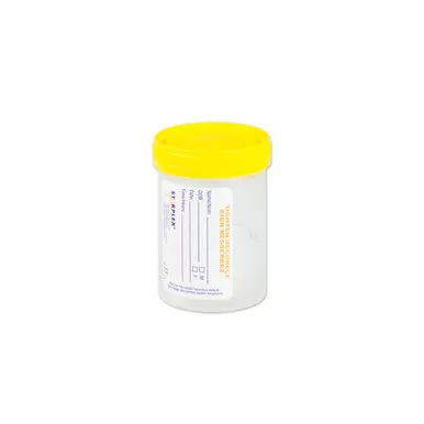 Medgen Standard Specimen Container – Non-Sterile, Translucent with Yellow Lid, 4 oz (120 mL) Capacity, 4 Bags