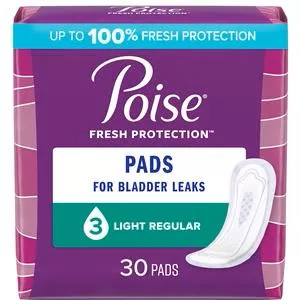 Poise Pads, Light Absorbency, Regular Length.- Pack(age) of 30