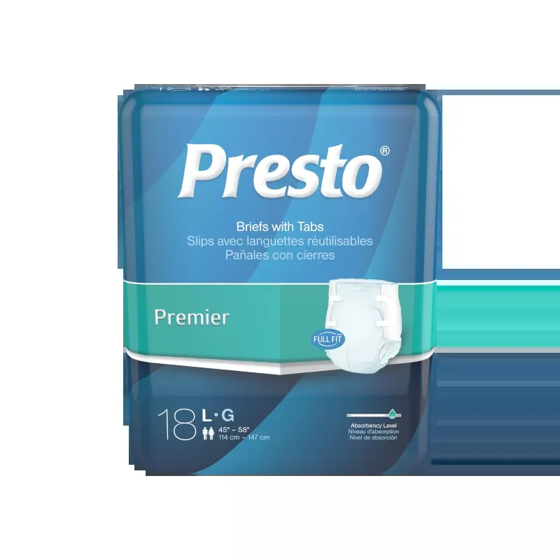 Presto Moderate Absorbency Incontinence Brief, Breathable, Large, 45" To 58" Waist, Blue- Package of 18