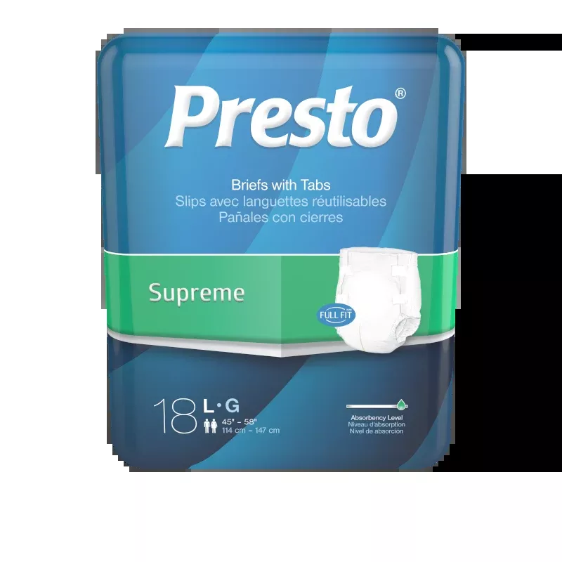 Presto Supreme Brief, Large, Unisex, 45"-58"- Package of 18