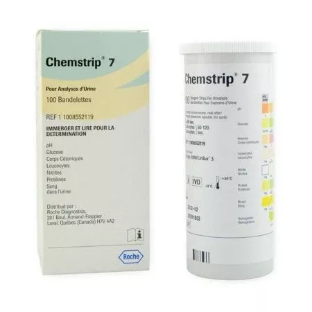 Roche Diagnostics Reagent Test Strip Chemstrip Blood, Glucose, Ketone, Leukocytes, Nitrite, pH, Protein For Urisys 1100 100 per Bottle - VL/100 - 11008552160-VL
