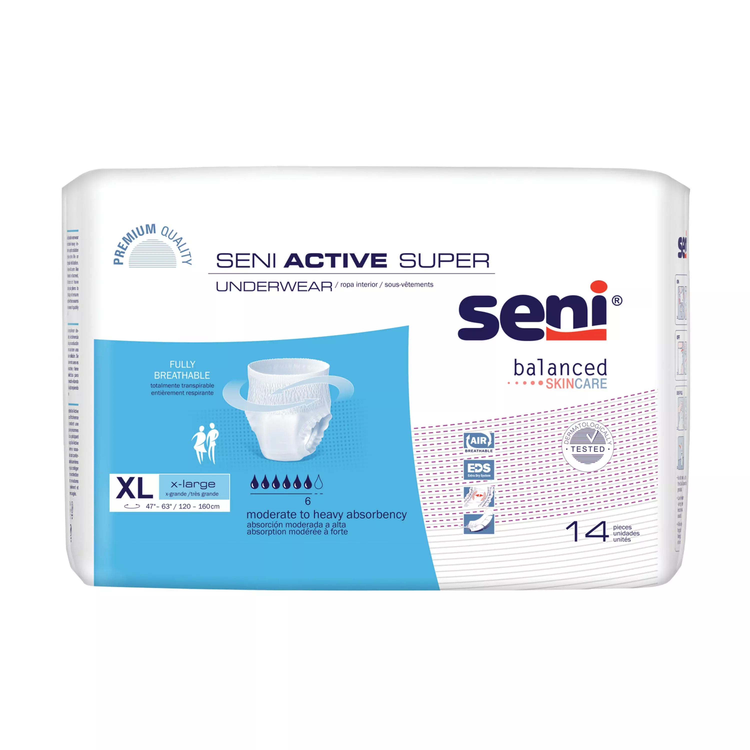 Seni Active Super Pull-up Underwear, Extra Large 47"-63"- Package of 14