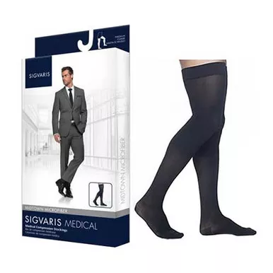 Sigvaris 822NLLM99 - 822N Style Microfiber Thigh, 20-30mmHg, Men's, Large, Long, Black