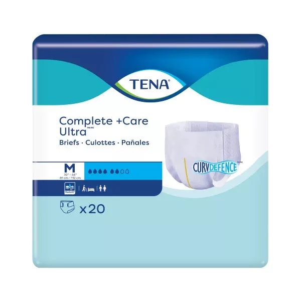 TENA Complete +Care Ultra Incontinence Brief, Moderate Absorbency, Unisex, Medium, 32" - 44"- Pack of 20