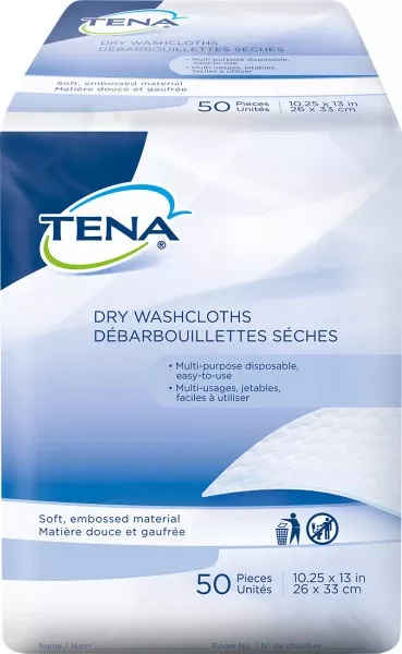 TENA Dry Washcloths, Dry Disposable Wipes, 10"x13"- Pack of 50