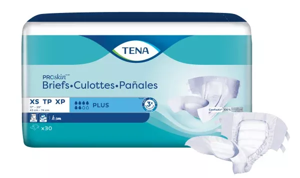 TENA ProSkin Plus Extra Small Incontinence Brief, Moderate Absorbency, Unisex, X-Small 17" - 29"- Pack of 30