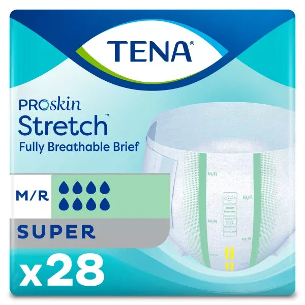 TENA ProSkin Stretch Super Incontinence Brief, Heavy Absorbency, Unisex, Medium/Regular, 33" - 52"- Pack of 28