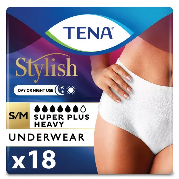 TENA Stylish Super Plus Incontinence Pull-Up Underwear for Women, Heavy Absorbency, Small/Medium 29" - 40"- Pack of 18