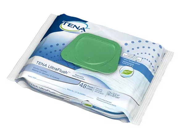 TENA UltraFlush Washcloth, Flushable Wipe, Scented, 7.9" x 12.5"- Pack of 48